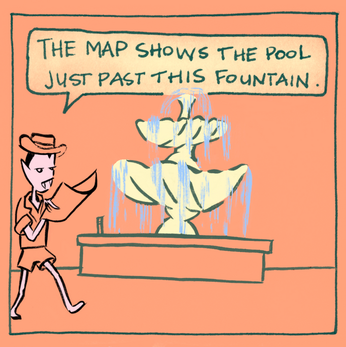 Just past the fountain